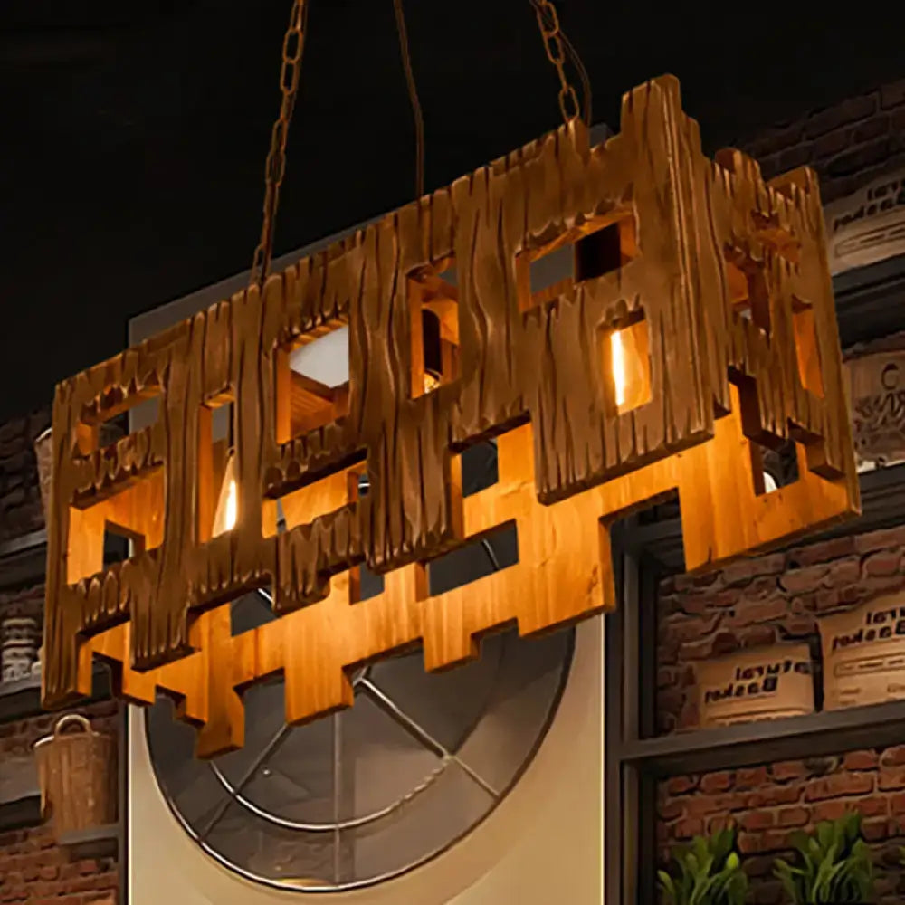 Rustic copper rectangular restaurant island chandelier with warm amber glow and intricate wooden cut-out patterns