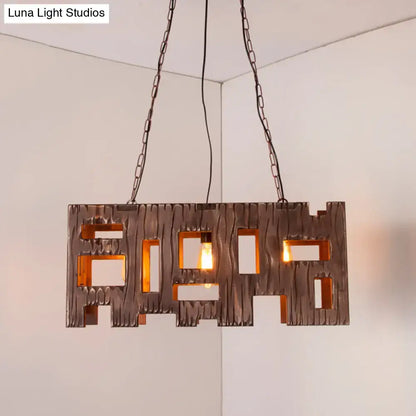 Rustic copper rectangular restaurant island chandelier with bronze textured metal and retro pixelated design exposed bulbs