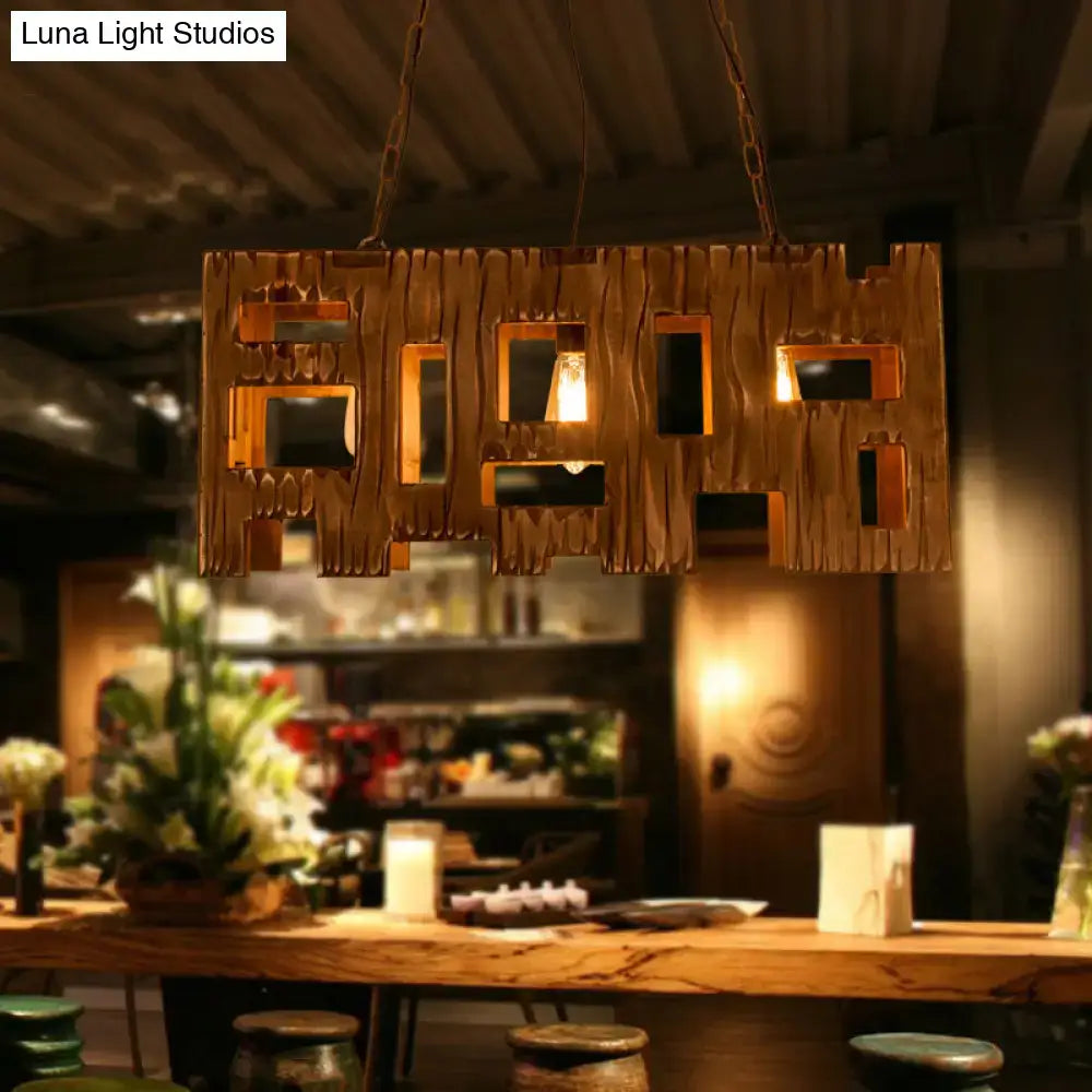 Rustic copper rectangular wooden restaurant island chandelier with cut-out square and rectangle openings hanging from chains