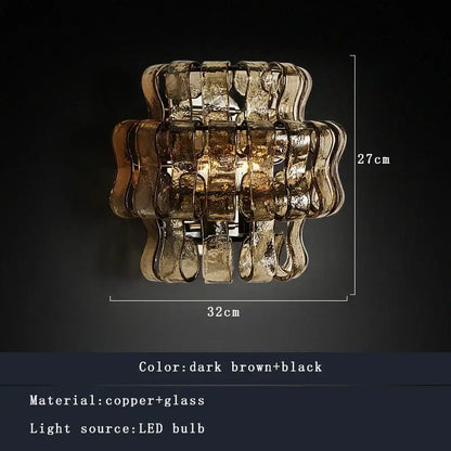 Rustic dark brown glass wall sconce lamps with layered textured glass and copper accents for living room decor