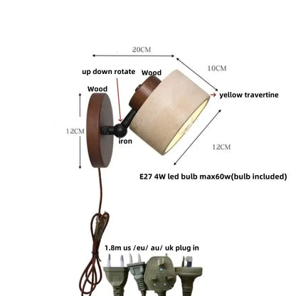 Adjustable wall light with rustic dark wood base iron rotate joint and yellow travertine shade for bedroom decorbites iron rotate led