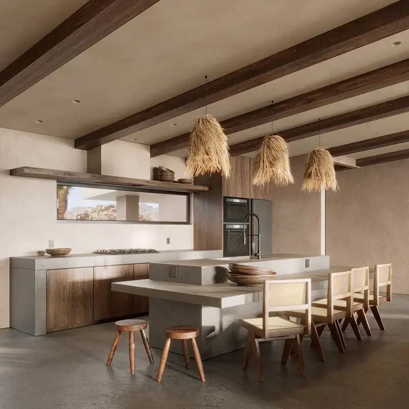Modern kitchen with decorbites handwoven rattan led pendant light featuring rustic dark wood and straw design above dining area
