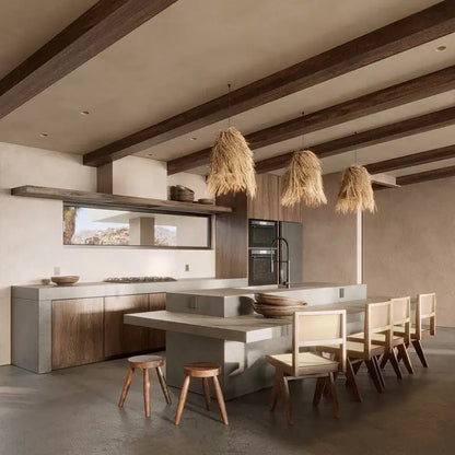Modern kitchen with decorbites handwoven rattan led pendant light featuring rustic dark wood and straw design above dining area