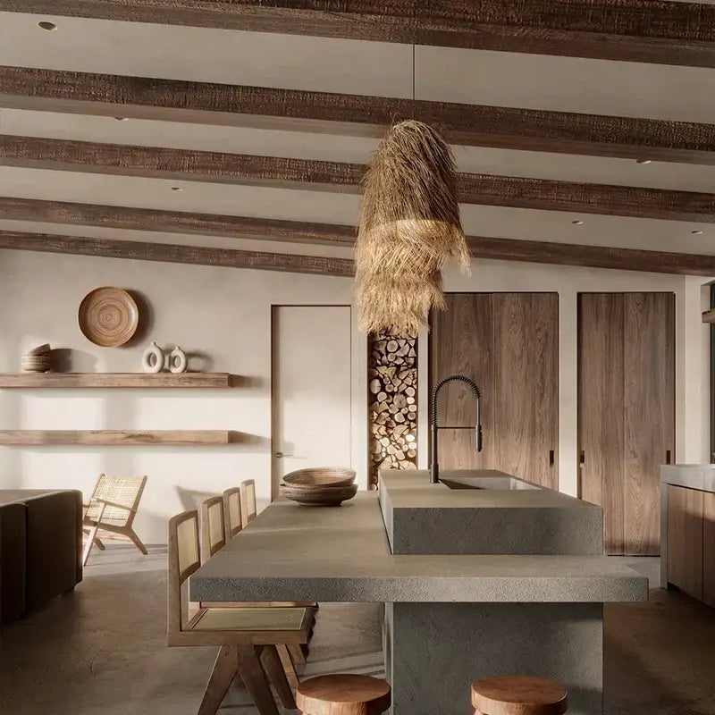 A rustic dark wood decorbites handwoven rattan pendant light with a woven thatch design hanging from the ceiling