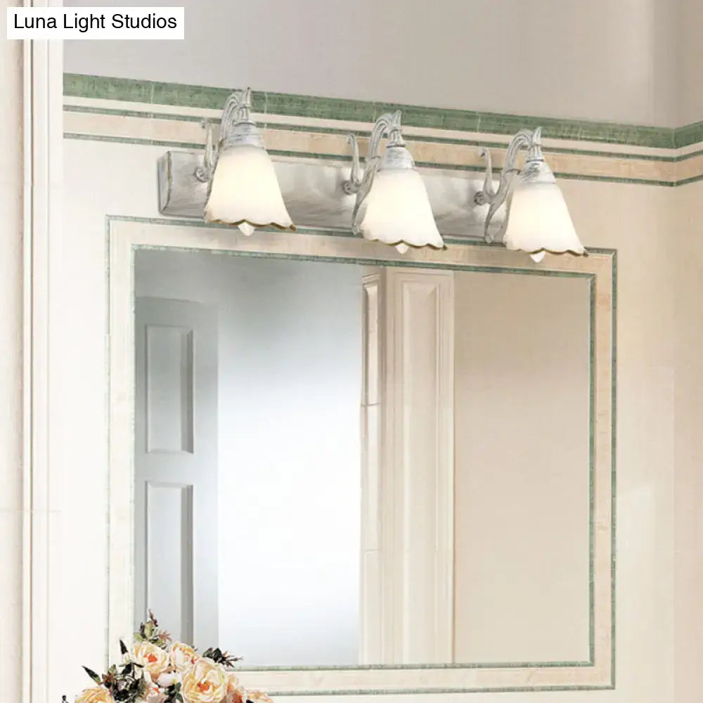 Antique distressed white metal wall light with three frosted glass shades for bathroom vanity 110v-120v
