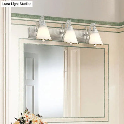 Antique distressed white metal wall light with three frosted glass shades for bathroom vanity 110v-120v