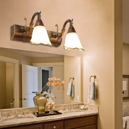 Rustic distressed white glass wall light with bronze metal arms and warm-toned shades for bathroom vanity 110v-120v