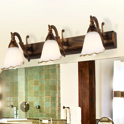 Antique bronze-finished three-light wall light with frosted glass shades for bathroom vanity 110v-120v distressed white
