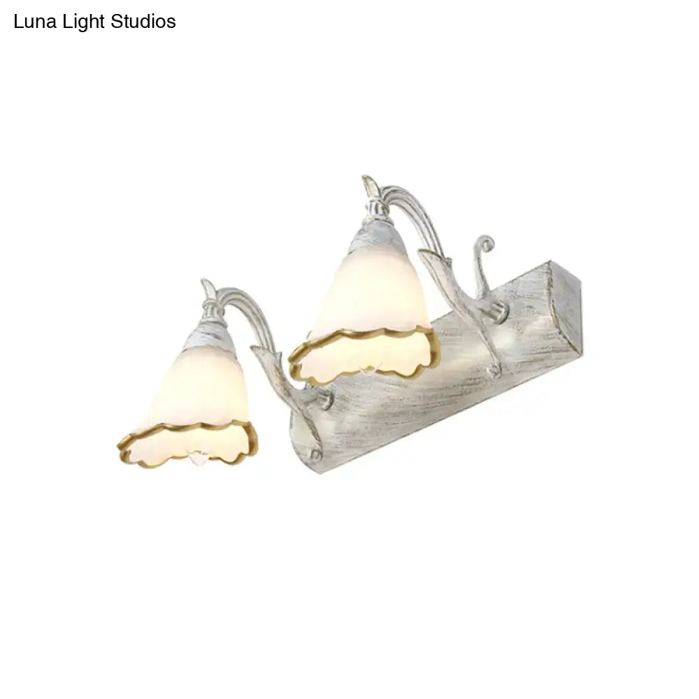 Rustic distressed white wall light with silver finish and frosted glass shades mounted on wooden base 110v-120v