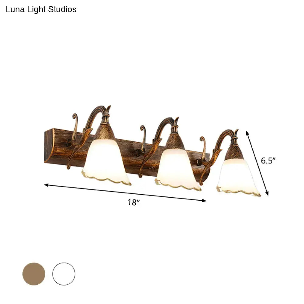 Antique bronze wall light with three fluted glass shades in rustic distressed white for bathroom vanity 110v-120v