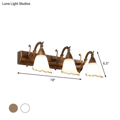 Antique bronze wall light with three fluted glass shades in rustic distressed white for bathroom vanity 110v-120v