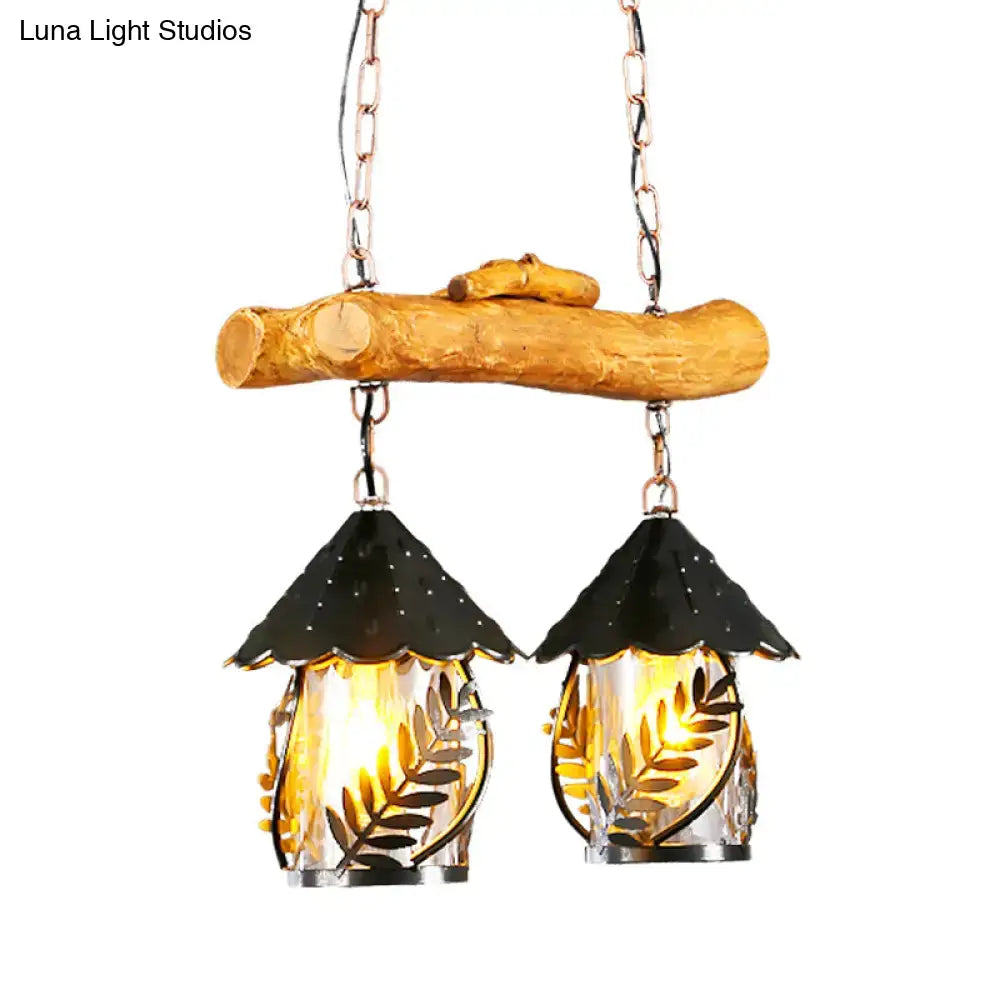 Decorbites farmhouse black hanging lamp with rustic wooden branch and white fabric clear glass shade for island lighting