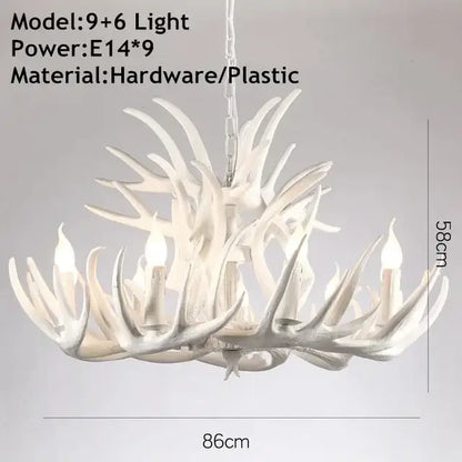 Rustic golden brown decorbites antler pendant chandelier with nine white antler candle-style lights crafted from hardware and plastic