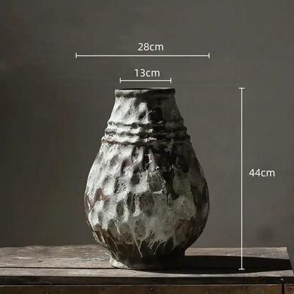 Rustic gray and white coarse pottery vase with textured weathered finish for living room home decor by decorbites