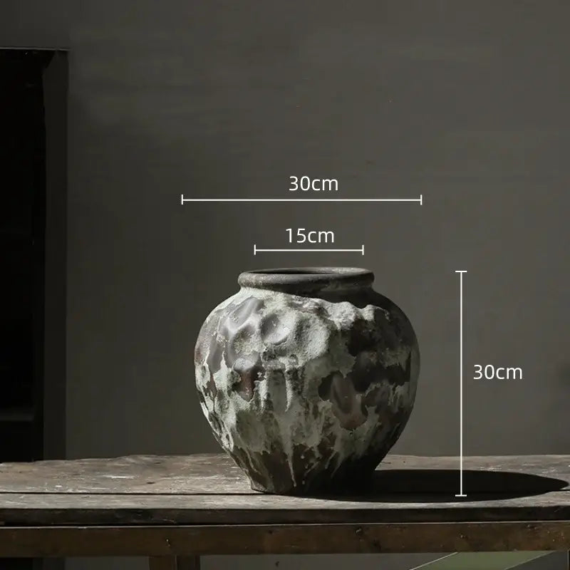 Rustic gray and white coarse pottery vase with textured mottled finish for living room home decor by decorbites