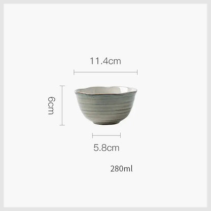 Rustic grayish white ceramic dish bowl set featuring a matte light gray bowl with subtle horizontal ridges