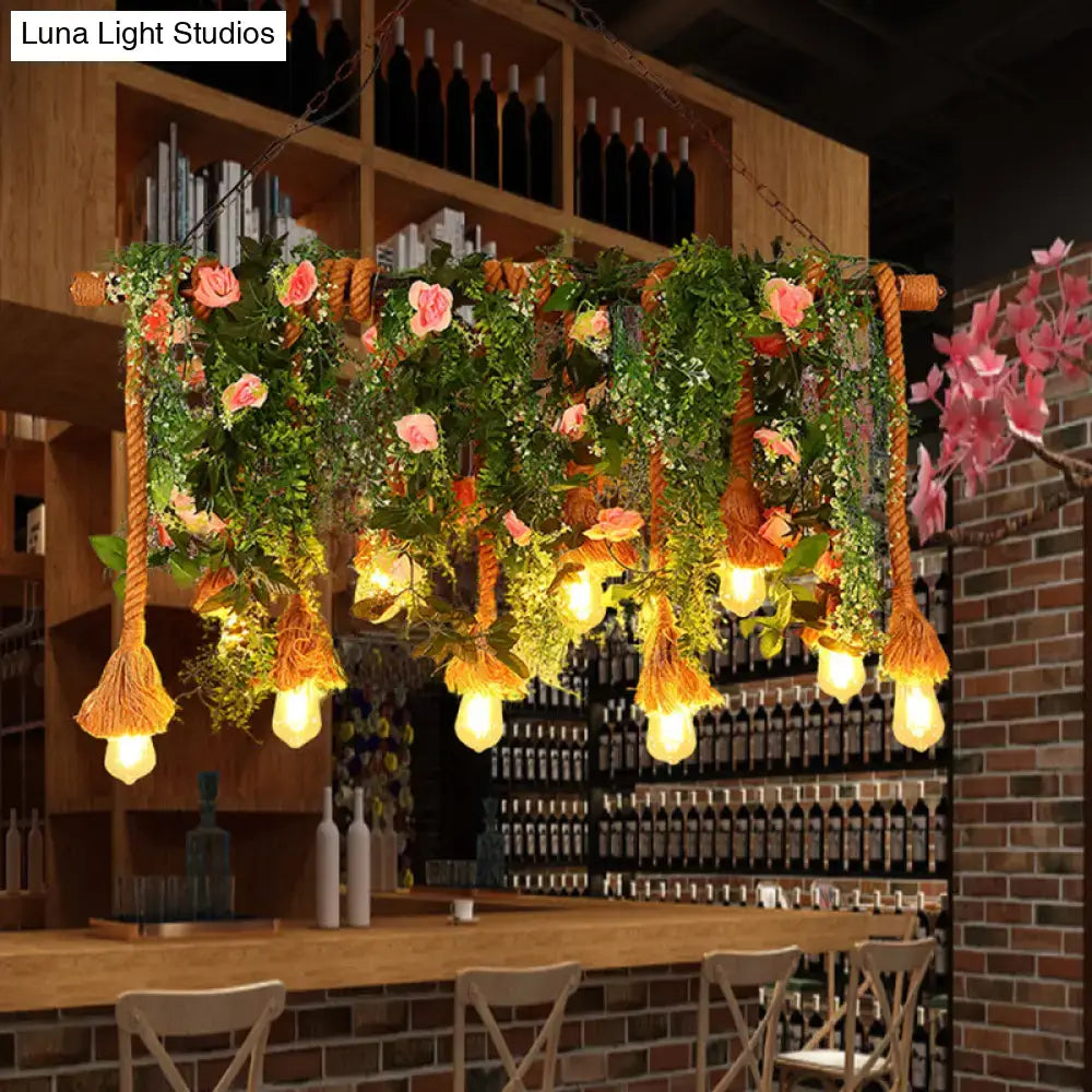 DecorBites rustic brown hemp rope ceiling light with 10 e26 e27 bulb base bulbs and greenery decoration