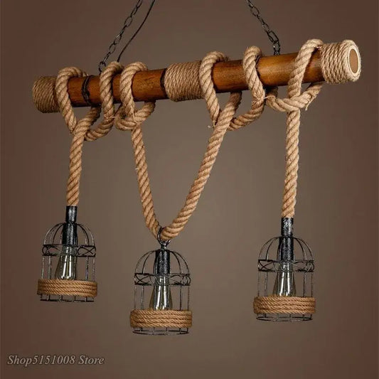 Rustic industrial pendant light with bamboo hemp rope and metal birdcage shades for dining room decorbites bamboo hemp rope