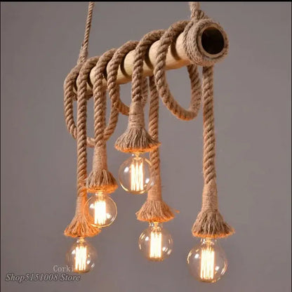 Rustic industrial bamboo pendant lights with rope wrap and five exposed filament bulbs for kitchen decorbites bamboo pendant