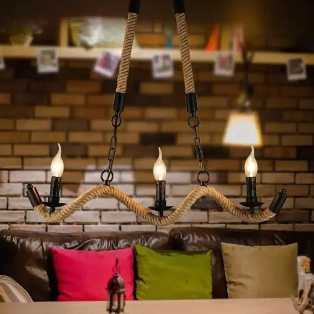 DecorBites black candle design ceiling light with three bulbs, natural rope, and black metal for rustic industrial style