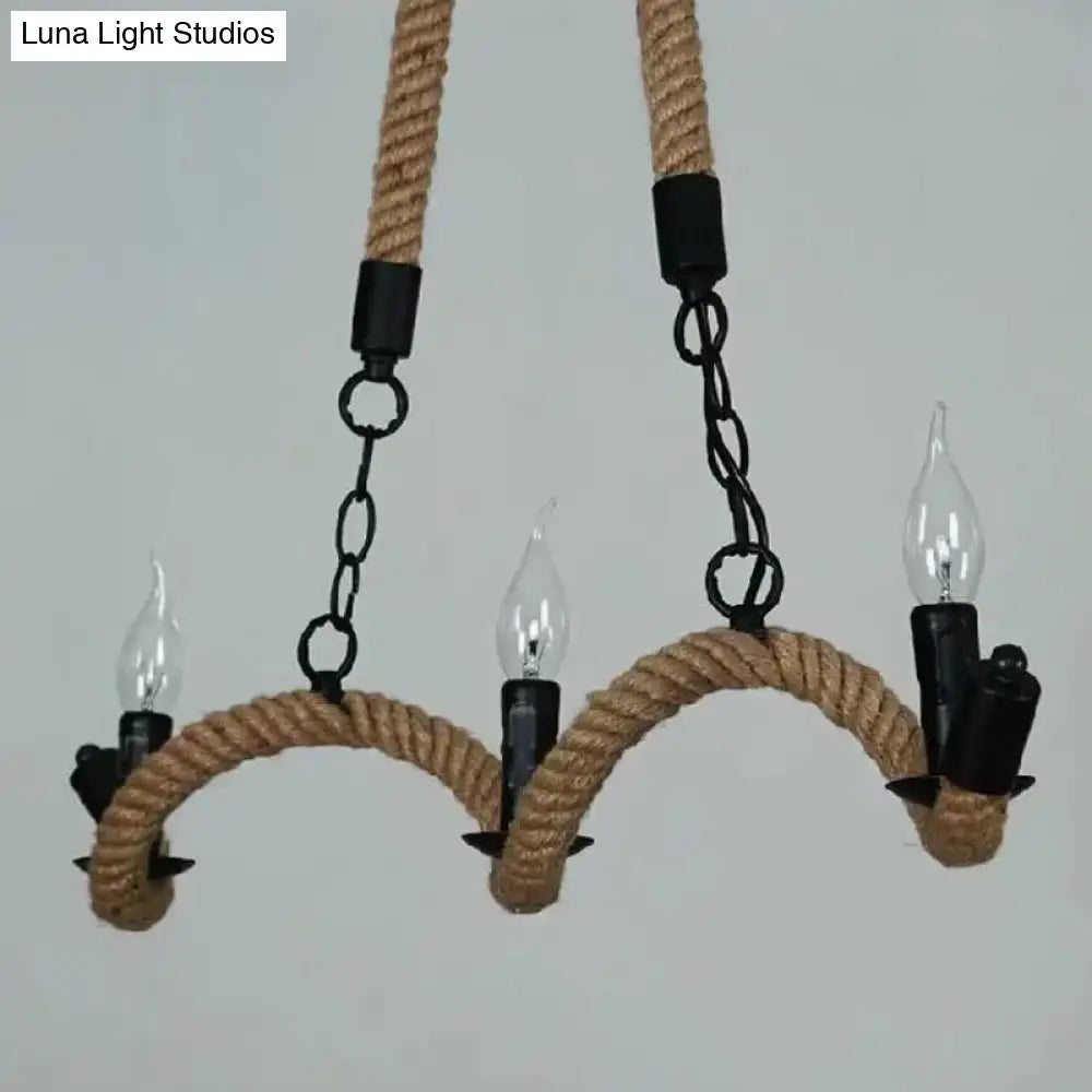 DecorBites black metal ceiling light with rope wrapping and three candle-style bulbs ideal for restaurant ambiance