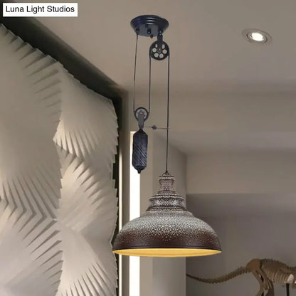 Decorbites rustic industrial dome pendant lamp with dark bronze textured finish and pulley for living room lighting