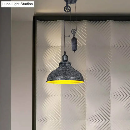 Decorbites rustic industrial dome pendant lamp with dark textured metal shade and bright yellow interior for living room lighting