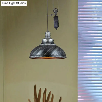 Decorbites rustic industrial dome pendant lamp with distressed metal finish and warm glowing interior in brown grey