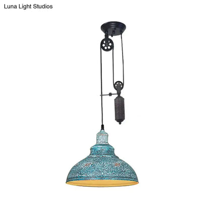 Decorbites rustic industrial dome pendant lamp with distressed turquoise metal shade and black pulley mechanism