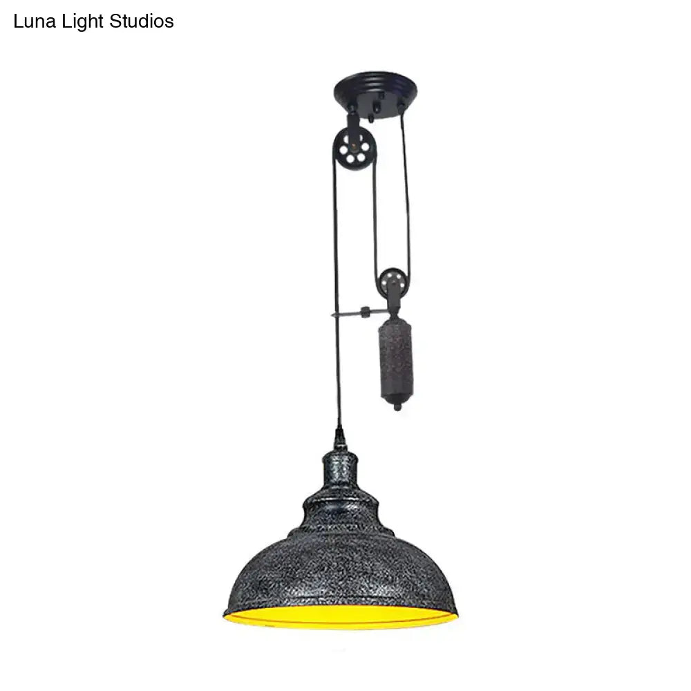 Decorbites™ rustic industrial dome pendant lamp in brown grey metal with textured shade and adjustable pulley system