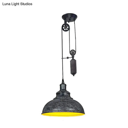 Decorbites™ rustic industrial dome pendant lamp in brown grey metal with textured shade and adjustable pulley system