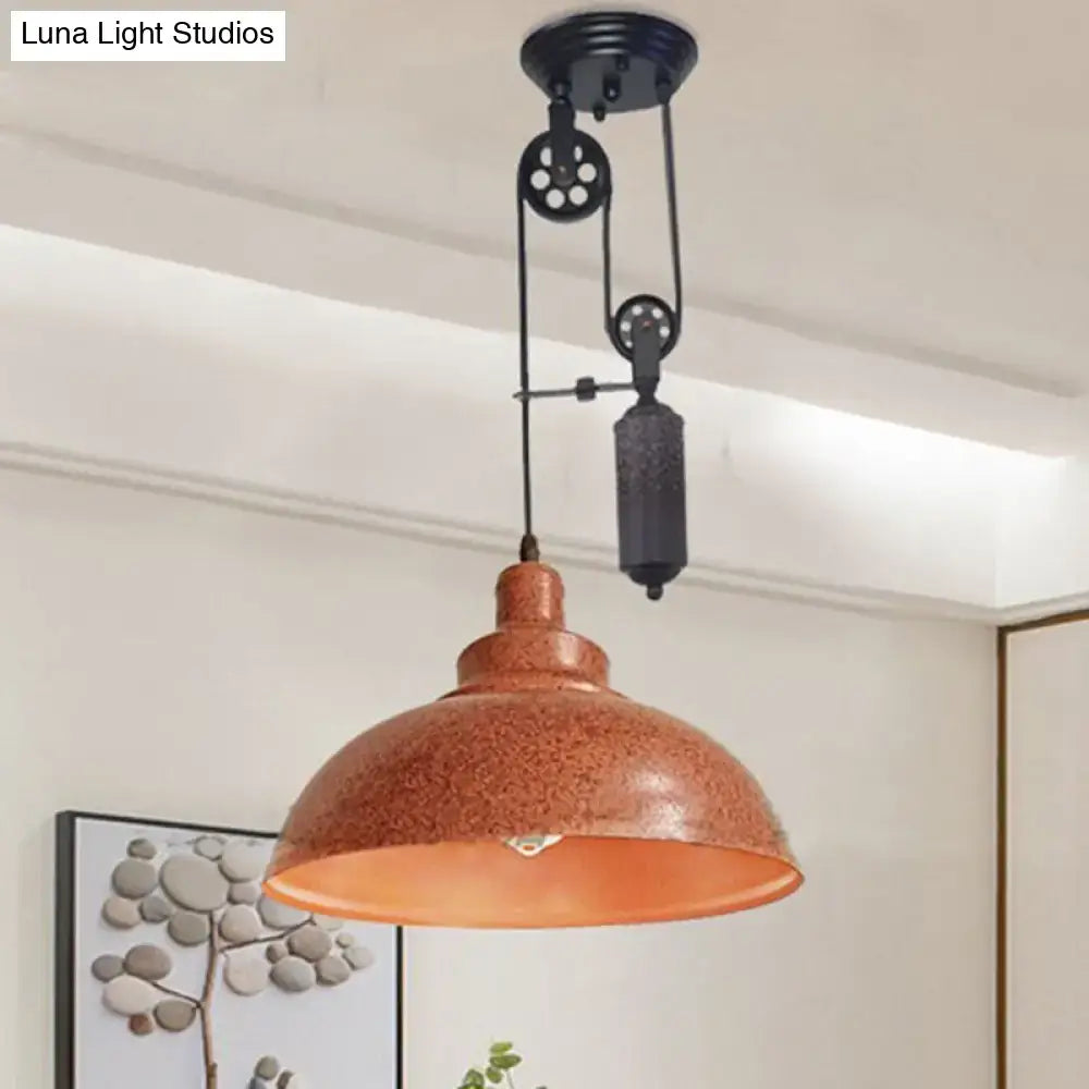 Decorbites rustic industrial dome pendant lamp in orange speckled metal with black pulley for living room lighting