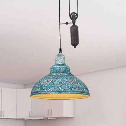 Turquoise mosaic rustic industrial dome pendant lamp with yellow interior and industrial pull chain for living room lighting