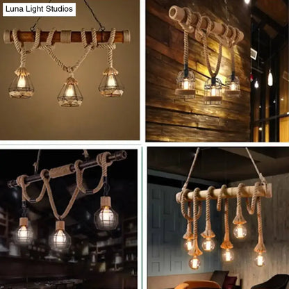 Rustic industrial hemp rope pendant lamp with wooden beam and exposed edison bulbs for kitchen island lighting 110v-120v