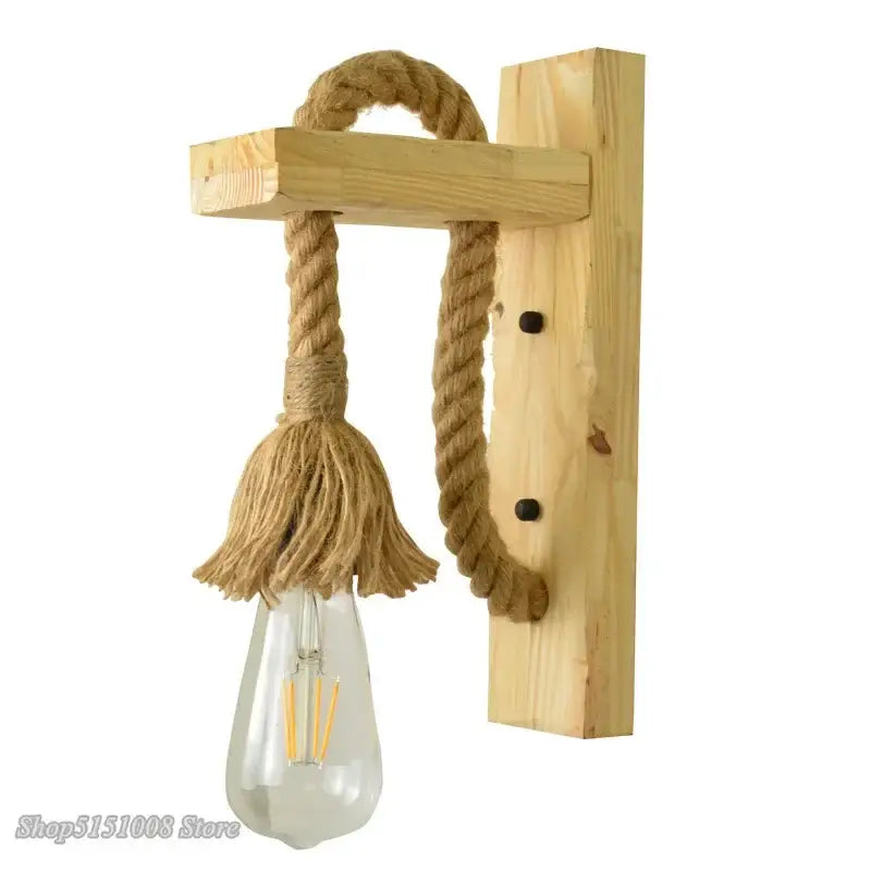 Rustic industrial hemp rope wall lamp with thick natural decorbites hemp rope and clear glass bulb wood sconce