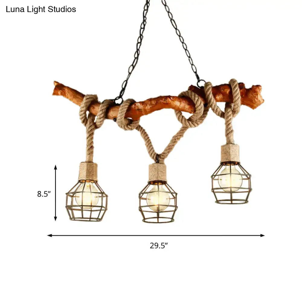 Decorbites rustic metal and rope beige island pendant light with three globe cage bulbs and natural rope accents
