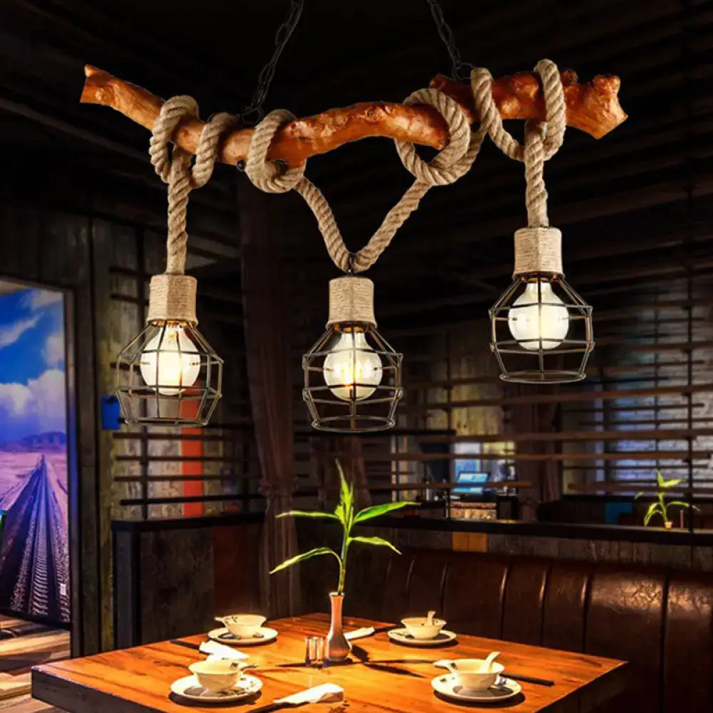 Decorbites rustic metal and rope beige island pendant light with natural wood branch and three globe cage edison bulbs