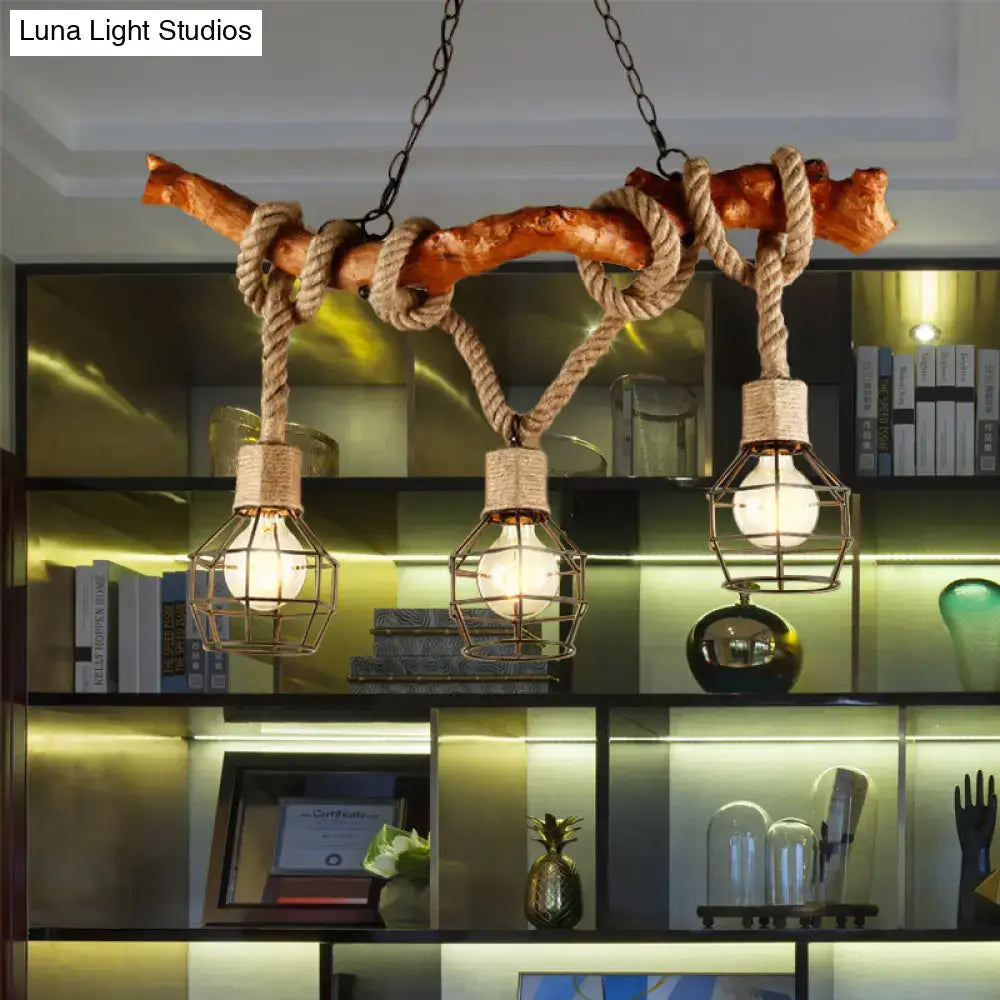 Decorbites rustic metal and rope beige island pendant light with 3 lights and globe cage on a wooden branch chandelier