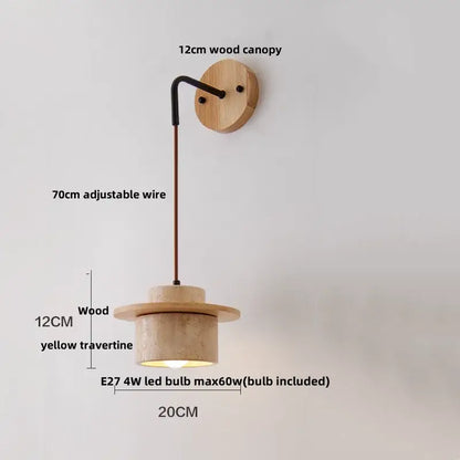 Rustic industrial wood and concrete wall sconce with natural wood canopy and yellow travertine shade for bedroom decorbites copper wood led