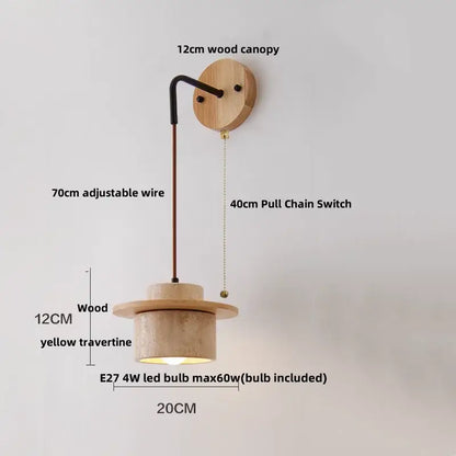 Rustic industrial wood and concrete wall sconce with natural wood canopy yellow travertine shade decorbites copper wood led