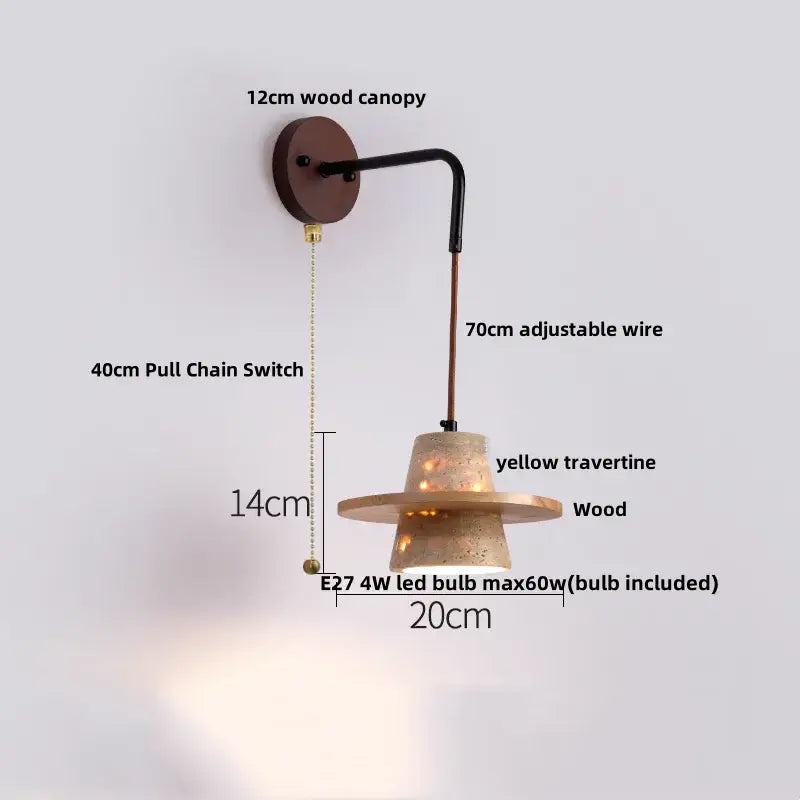 Rustic industrial wood and concrete wall sconce with yellow travertine wooden shade and copper wood led decorbites style