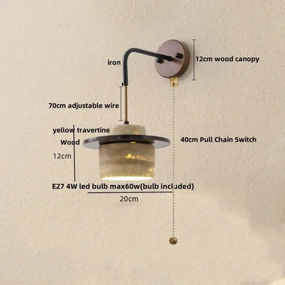 Rustic industrial wood and concrete wall sconce with 12cm wood canopy black iron arm and yellow travertine glass shade decorbites copper wood led
