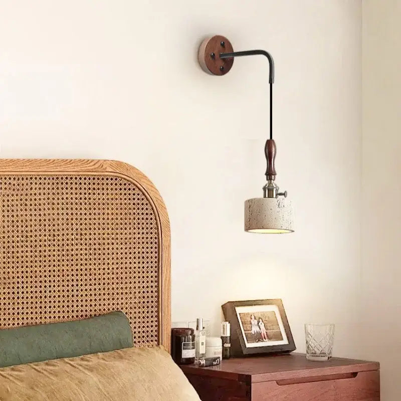 Rustic industrial wood and concrete wall sconce with dark metal arm and textured off-white shade for bedroom decorbites copper wood led