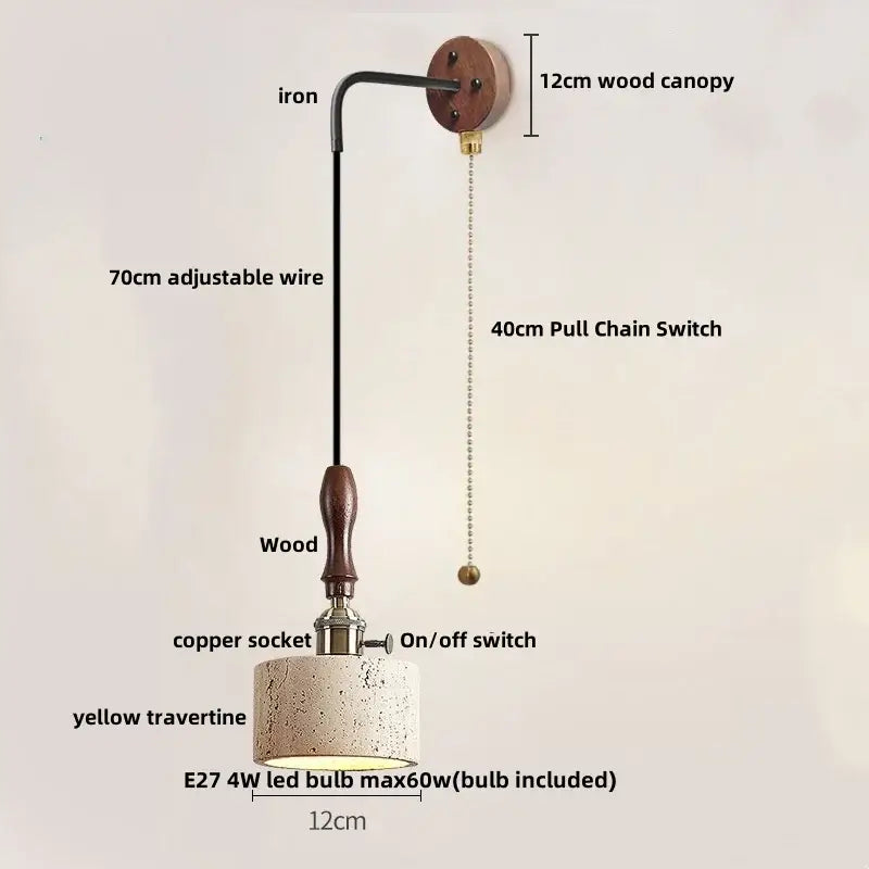 Rustic industrial wood and concrete wall sconce with 12cm wood canopy and yellow travertine shade for decorbites copper wood led lighting
