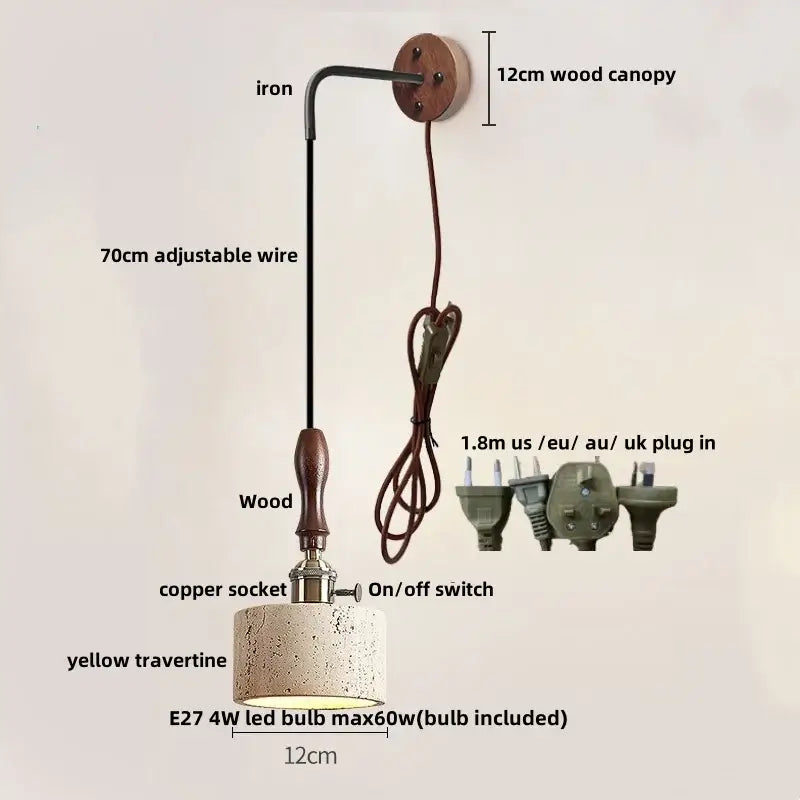Rustic industrial wood and concrete wall sconce with copper wood led yellow travertine shade and adjustable iron arm
