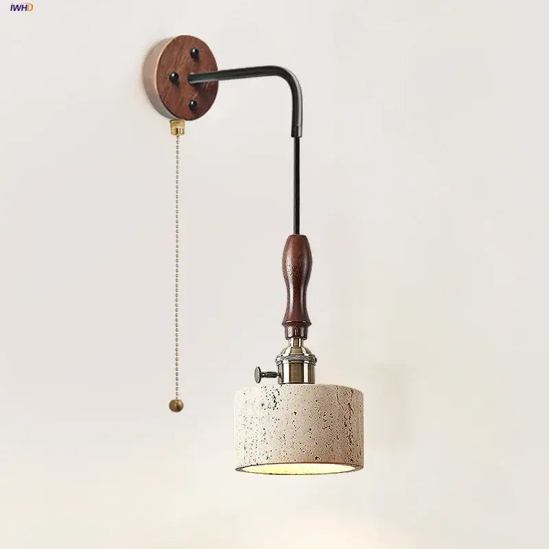 Rustic industrial wall sconce with dark wood base, black metal arm, brass accents, and concrete shade for bedroom decorbites copper wood led