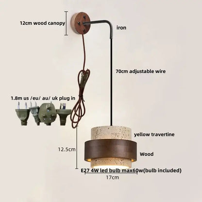 Rustic industrial wood and concrete wall sconce with wood canopy, adjustable iron arm, yellow travertine shade decorbites copper wood led