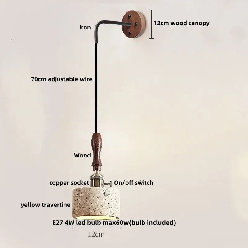 Rustic industrial wood and concrete wall sconce with 12cm wood canopy iron arm and yellow travertine shade decorbites copper wood led