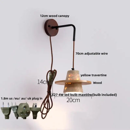 Rustic industrial yellow travertine wood wall sconce with 12cm wooden canopy and adjustable wire for decorbites copper wood led lighting