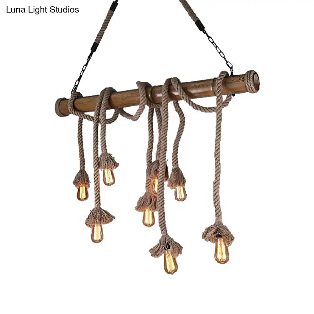DecorBites™ industrial island pendant light with rustic bamboo, thick beige rope, and exposed Edison bulbs hanging lamp
